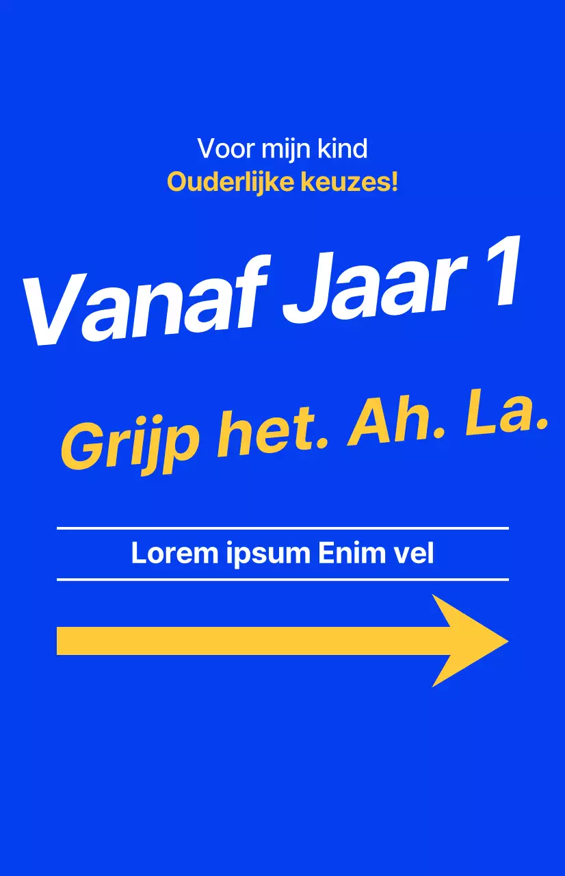 Een informatiesessie voor ouders van een academie voor middelbare scholieren, met tekst in blauw en fluorescerende accentkleuren.