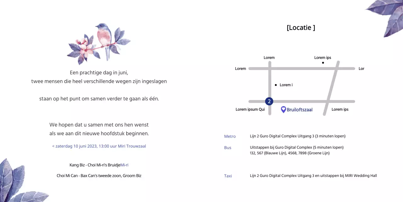 Huwelijksuitnodiging met roze liefdesbloemen en papegaaien