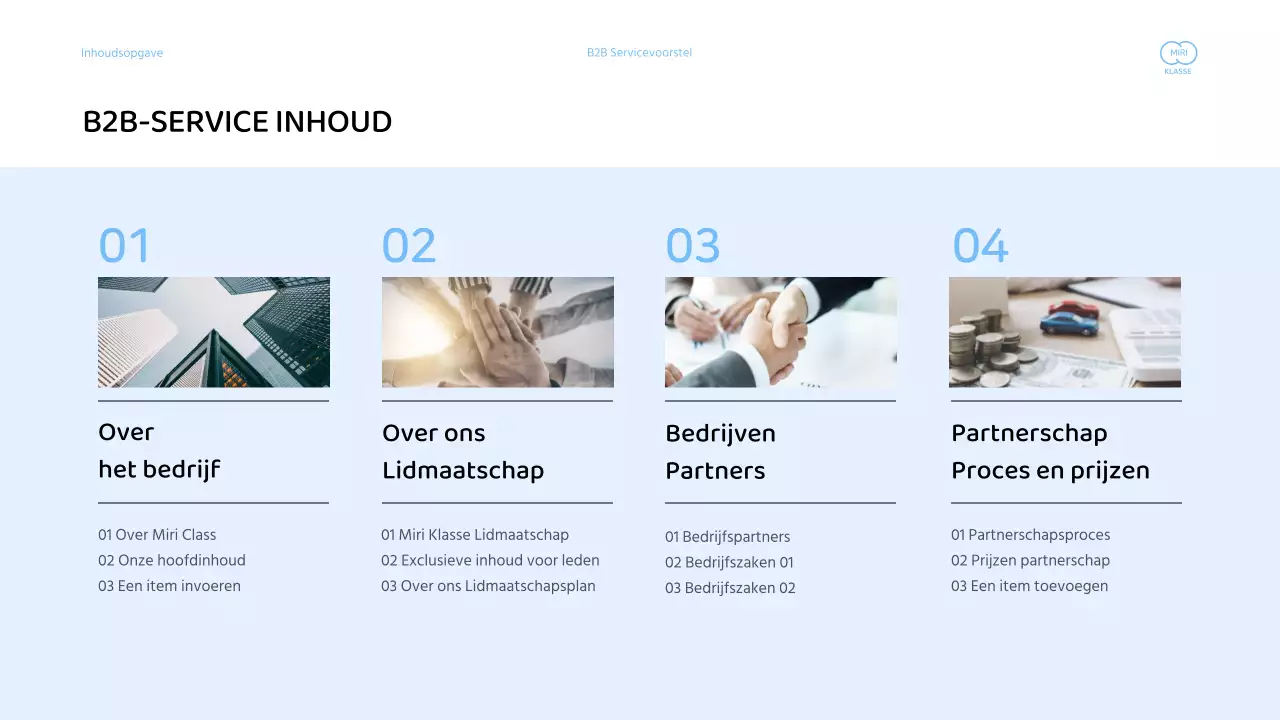 Voorstelpresentatie voor zakelijke diensten met een lichtblauw kleurenschema