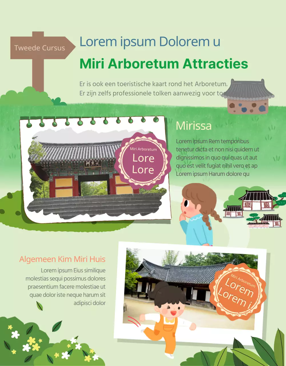 Arboretum postzegeltocht met schattige kinderillustraties