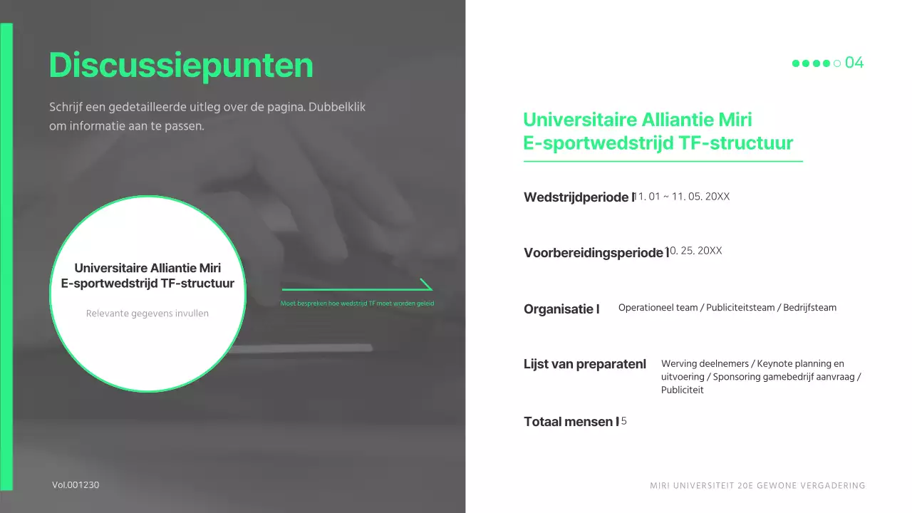 Een eenvoudige, limoengroene studentenraadsvergadering