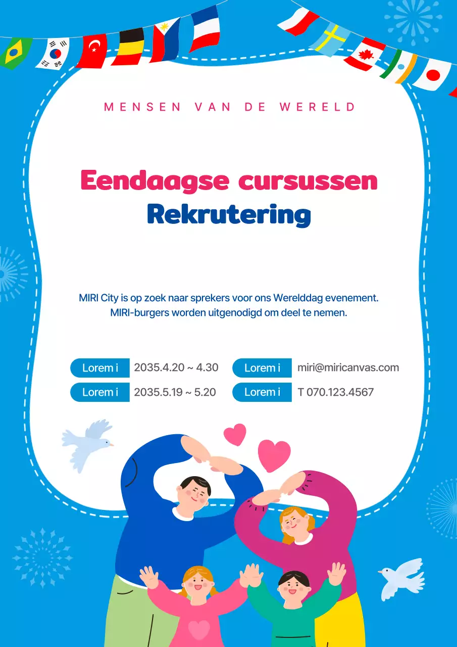 Illustraties in blauw markeren Docenten werven voor eendaagse Werelddaglessen