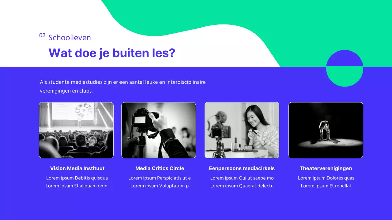 Een moderne blauw-witte presentatie van de afdeling public relations van een universiteit