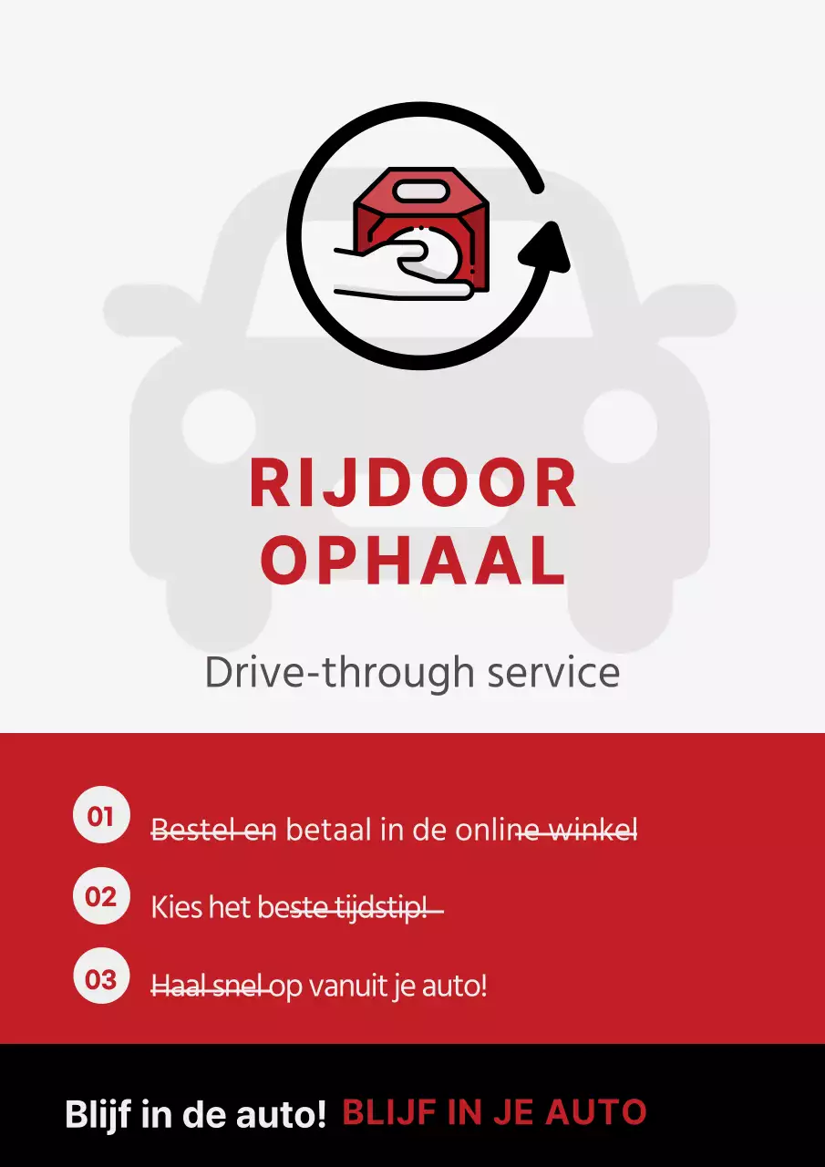 Routebeschrijving met rode en zwarte auto- en verpakkingspictogrammen