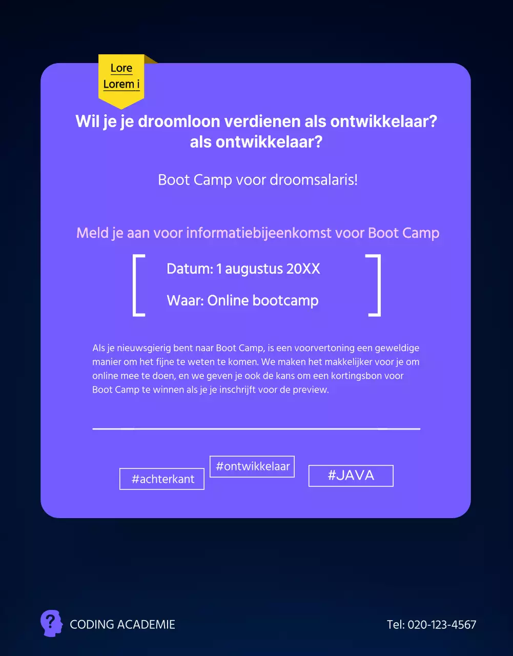 Coding Academy training in paars en zwart