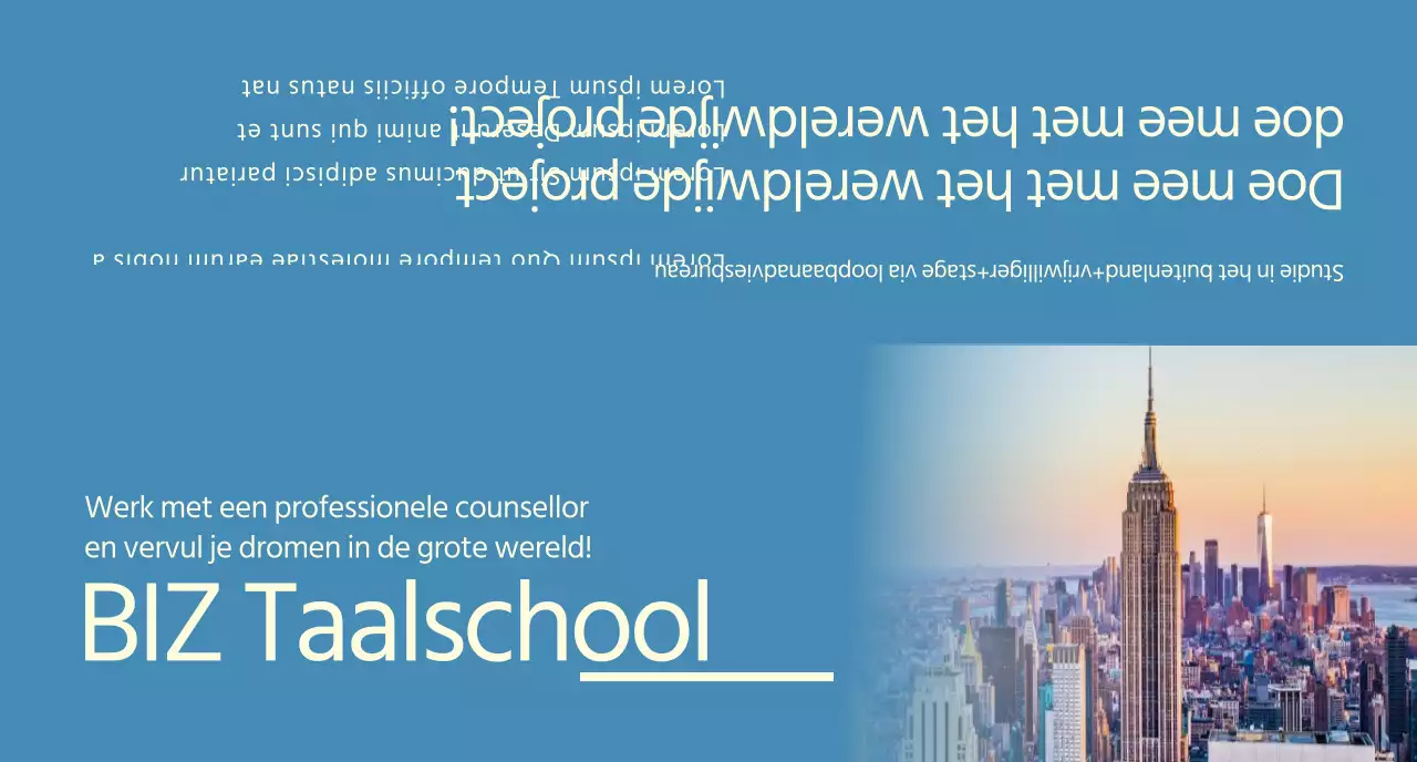 Een taalschool promoten met blauwe en gele foto's van buitenlandse landschappen