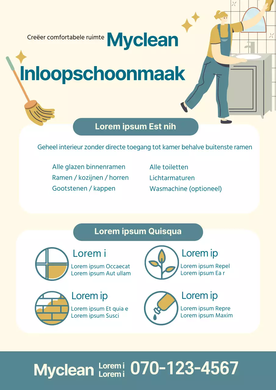 Blauw met gele illustratie ter promotie van een opgeruimde schoonmaakservice voor verhuizingen