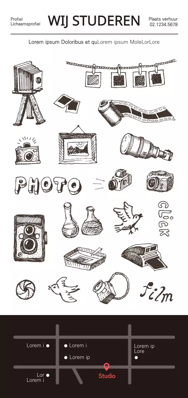 Strakke, emotionele stijl in zwart en rood voor een promotionele illustratie in een studio.