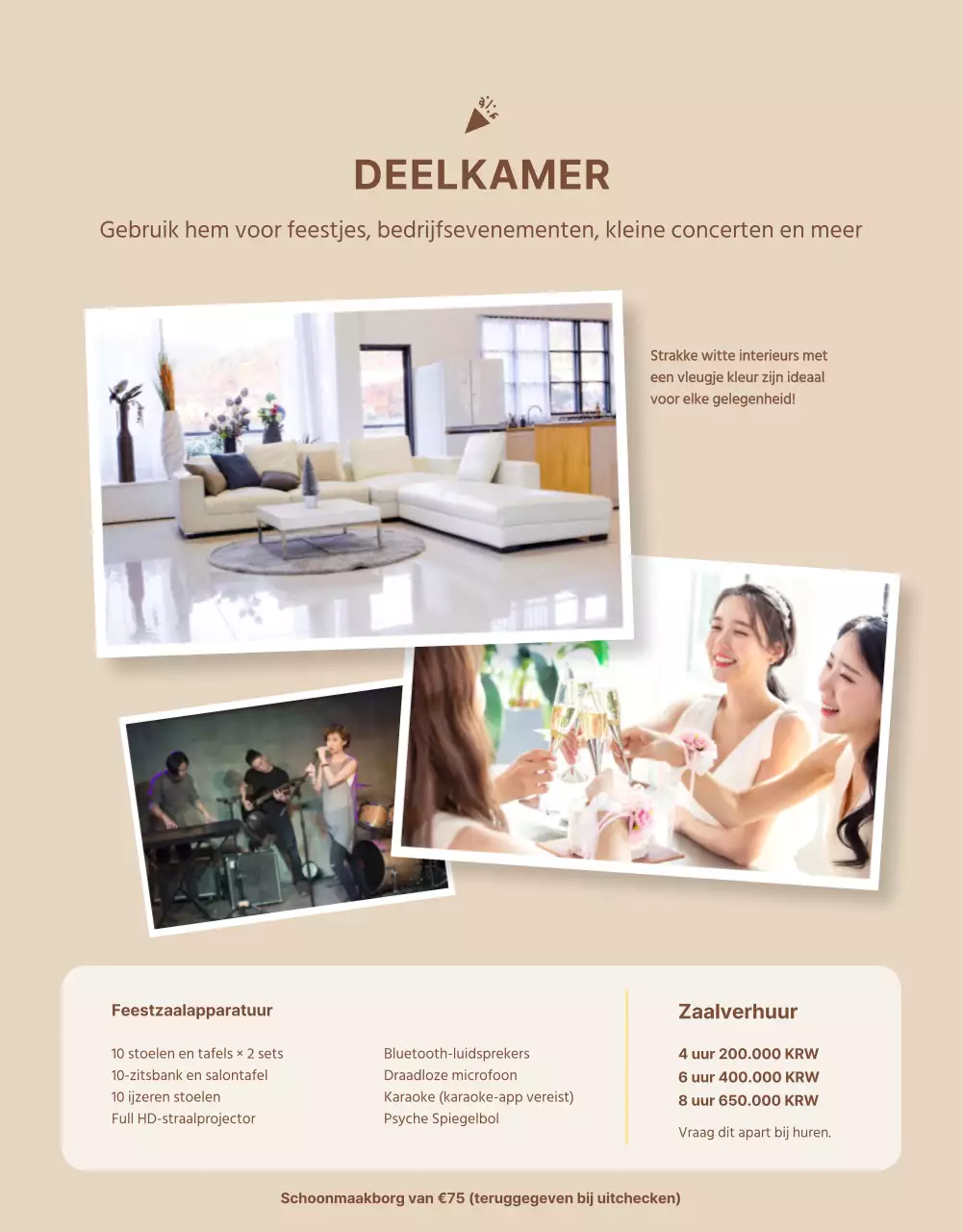 Twee stijlen in zachte beige tinten Gids voor het boeken van een gedeelde keuken en feestzaalverhuur