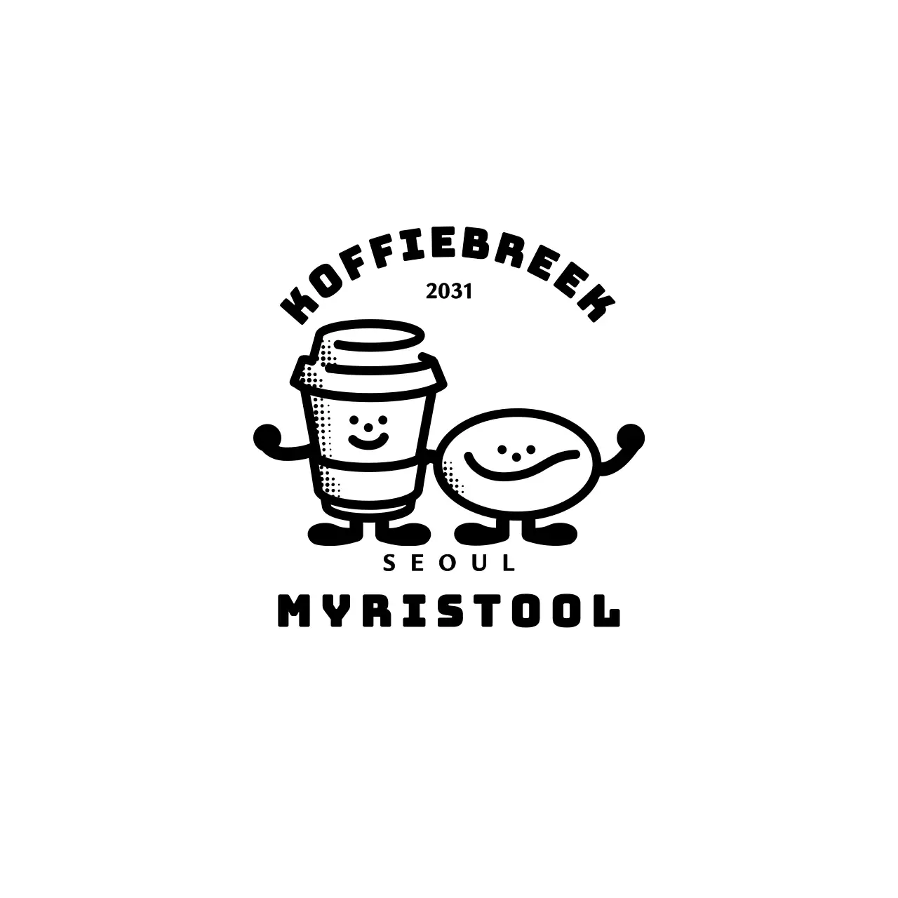 Ontwerp een café logo met een vintage en schattig geïllustreerd koffiekopje en koffiebonen