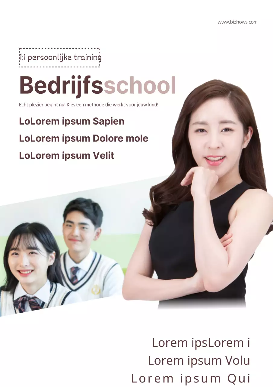 Promoot een biz-wiskundeschool met bruine leerlingenillustraties en foto's van klaslokalen