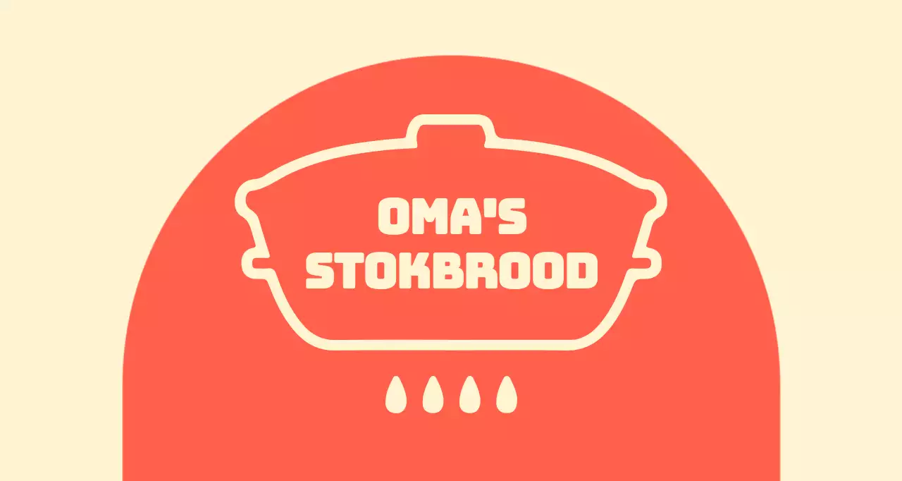 Oma's stokbroodwinkel balsa met gebogen rode vormen op een ivoorkleurige achtergrond
