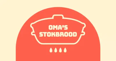 Oma's stokbroodwinkel balsa met gebogen rode vormen op een ivoorkleurige achtergrond