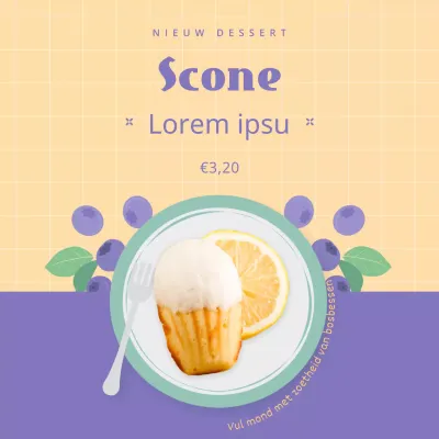Een paarse en ivoorkleurige scone dessertkaart met foto's