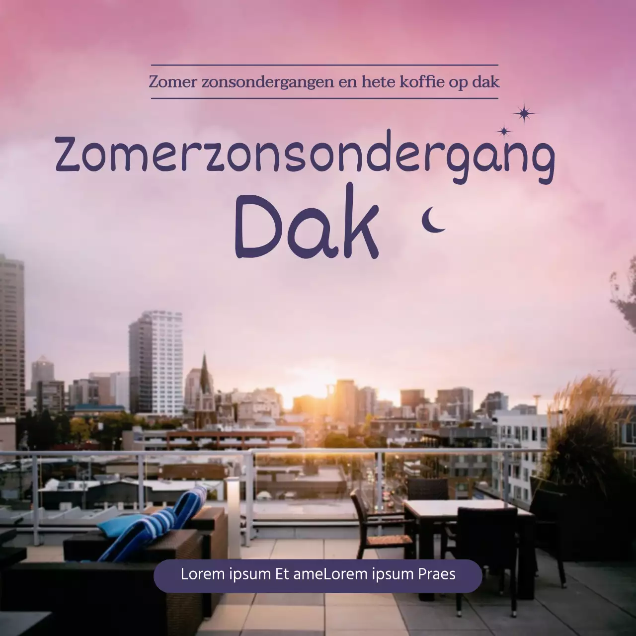 Rooftop cafe korting evenement met paarse zomer zonsondergang emoji foto achtergrond