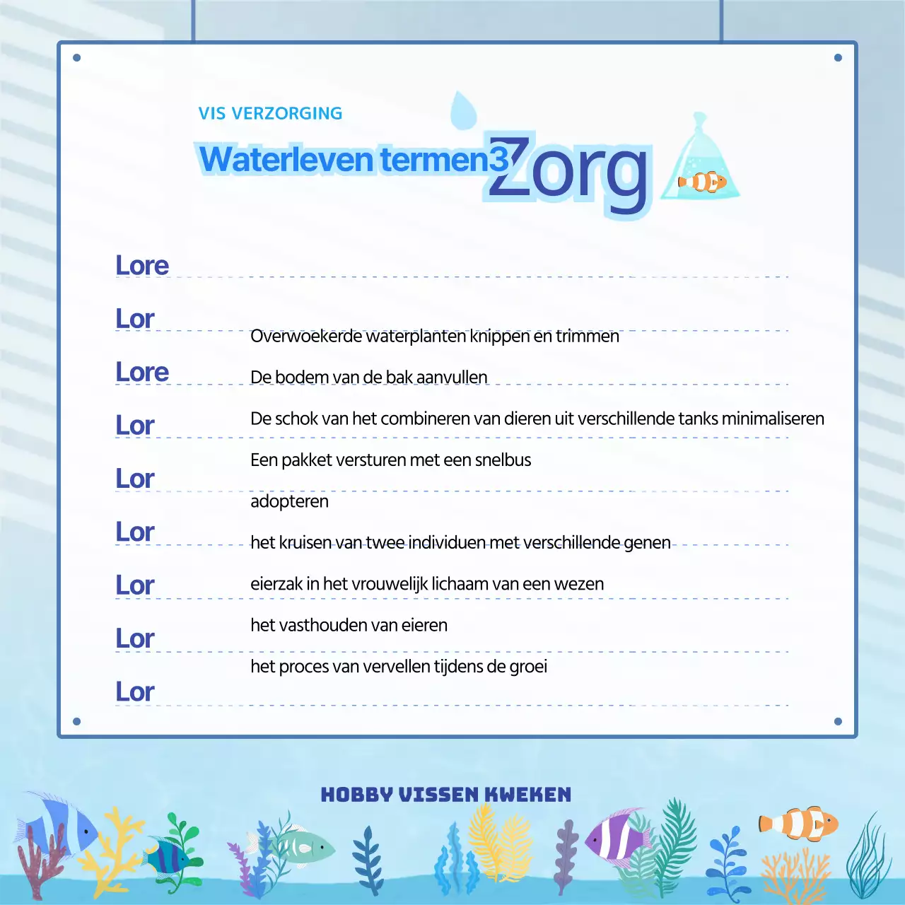 Aquarium achtergrond met veel blauwe golvende vissen, waterleven woordenlijst CardNews