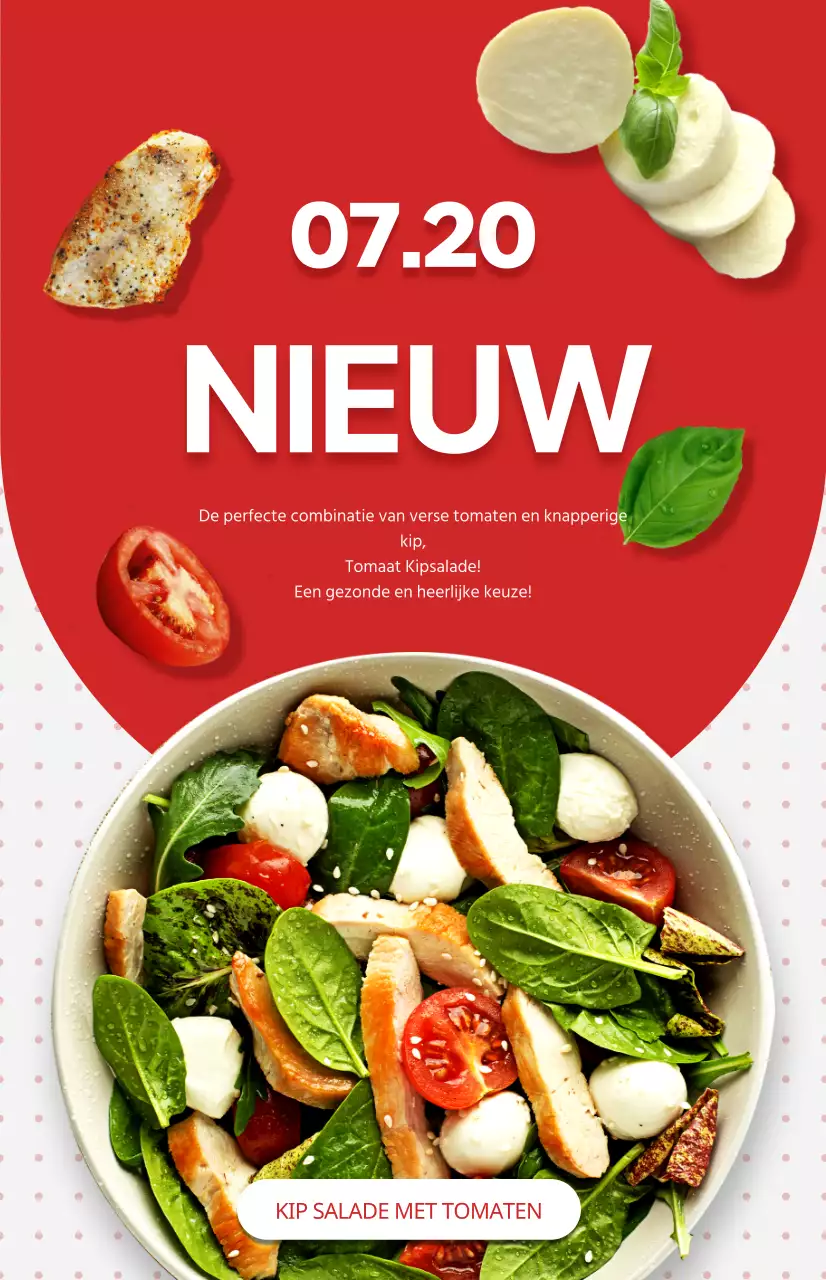 Promoot een nieuw salademenu met een achtergrond van rode en witte stippenpatronen