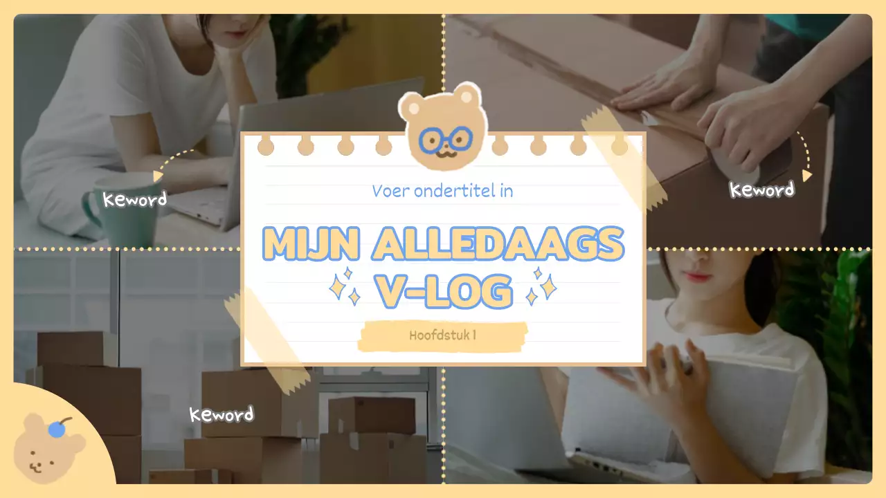 Schattig karakter briefpapier baas verpakking vlog in geel en blauw
