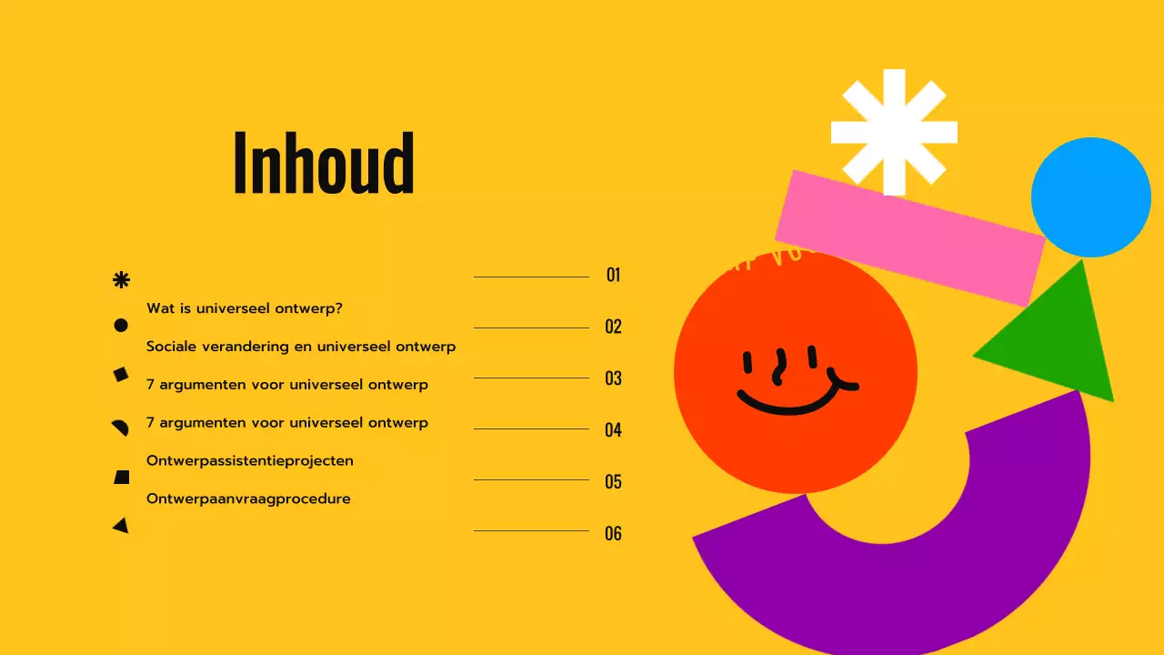 Inleiding tot Universal Design met zwarte en gele kleurrijke expressieve vormen