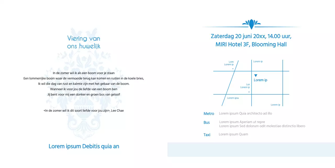 Barokke huwelijksuitnodiging in blauw