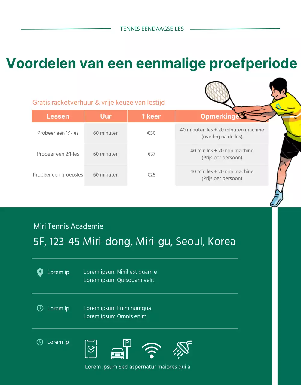 Details van de groene moderne tennispas voor één dag