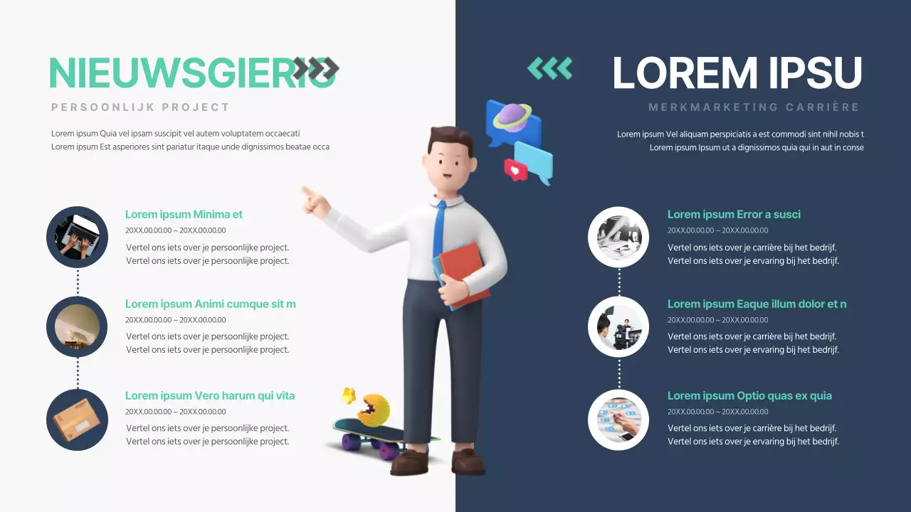 Eenvoudige marketeer portfolio met 3D-afbeeldingen van mint en marineblauw