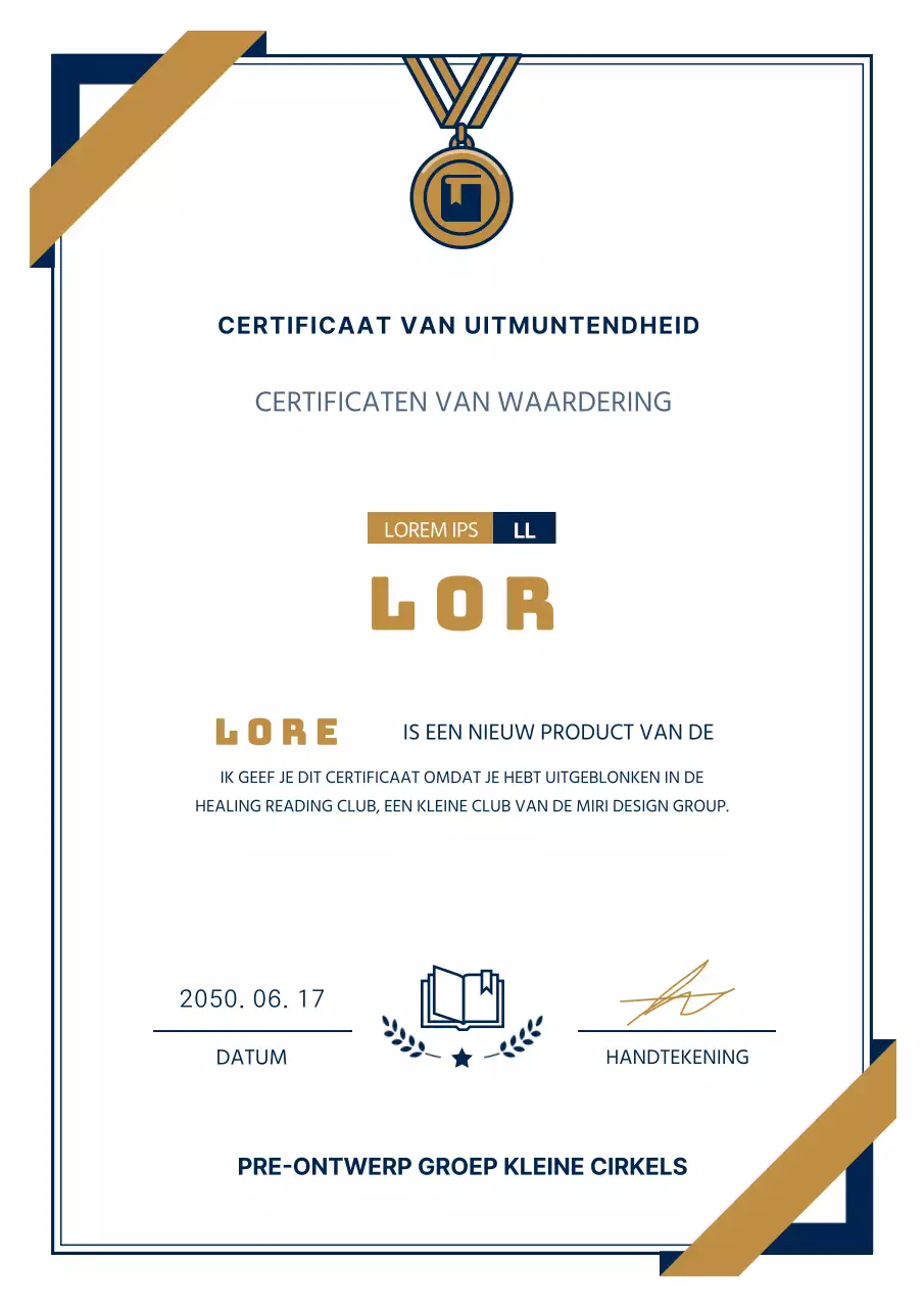 Eenvoudig leescirkel certificaat van uitmuntendheid in marineblauw en goud