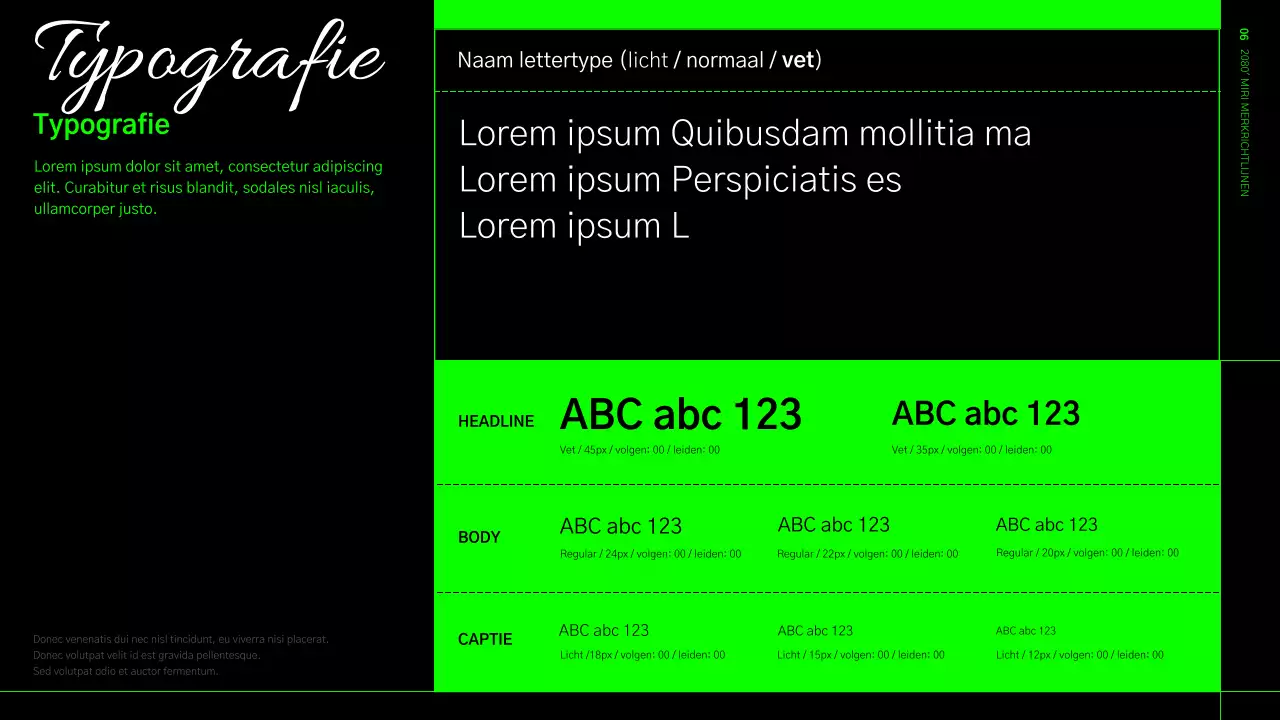 Huisstijlrichtlijnen in een limegroen en zwart rasterformaat
