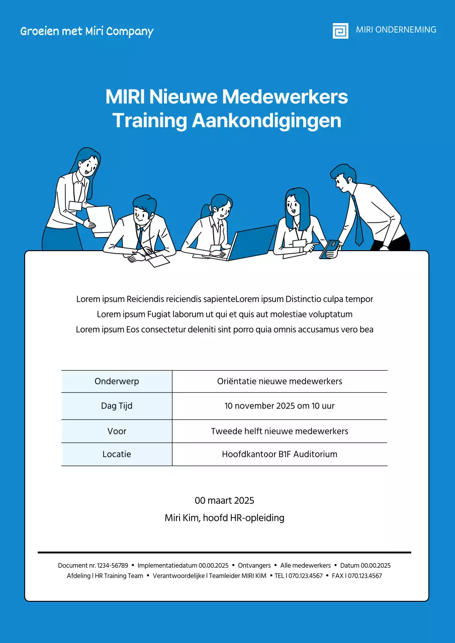 Blauw, geïllustreerd trainingsbericht voor nieuwe werknemers