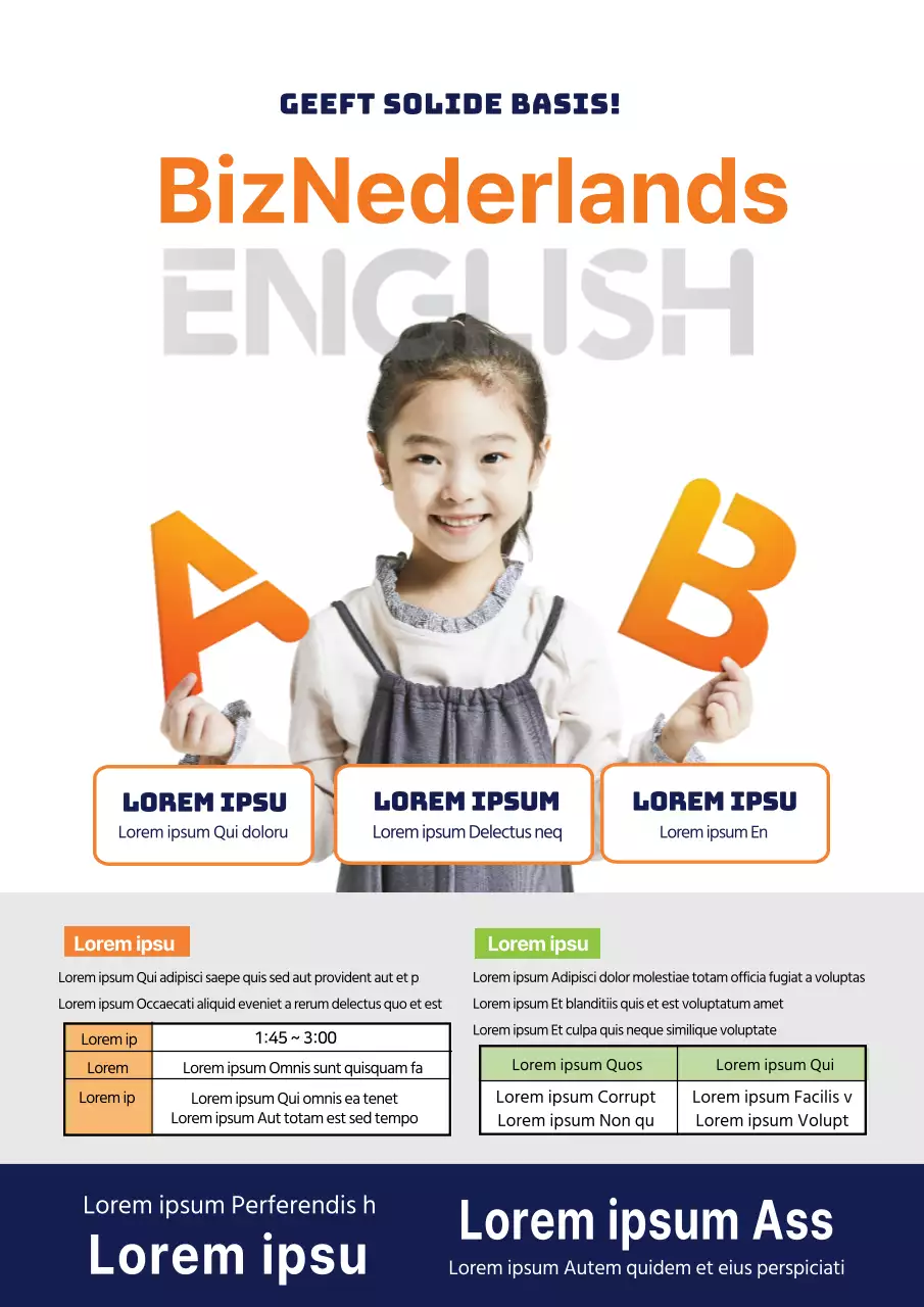 Marineblauw-oranje foto benadrukt promotie Engelse taalschool