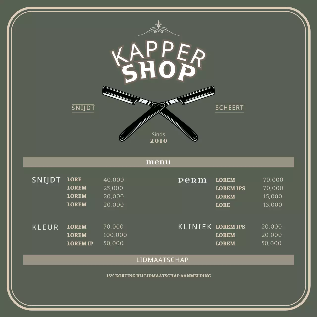 Acrylstandaard voor een groen menubord van een kapperszaak in vintage stijl