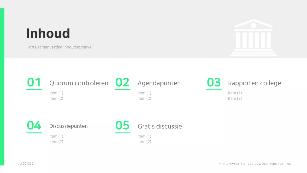 Een eenvoudige, limoengroene studentenraadsvergadering