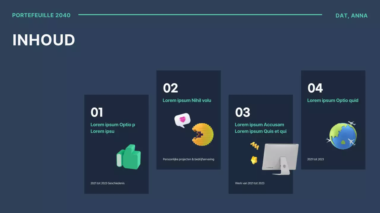 Eenvoudige marketeer portfolio met 3D-afbeeldingen van mint en marineblauw