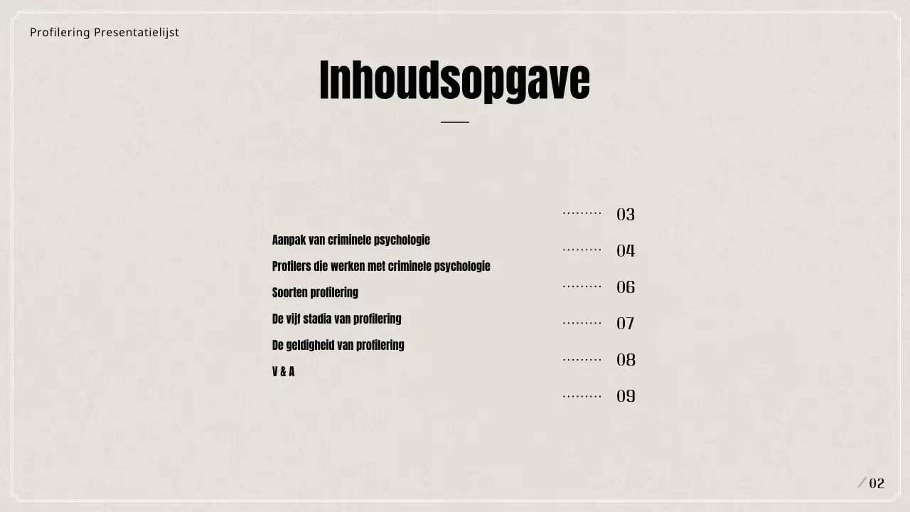 Presentatie over criminele psychologische profilering in zwart en beige
