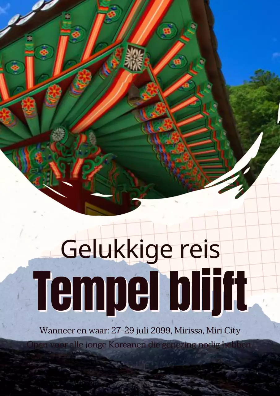 Een strakke, groen-witte, op tempels geïnspireerde reisbrochure