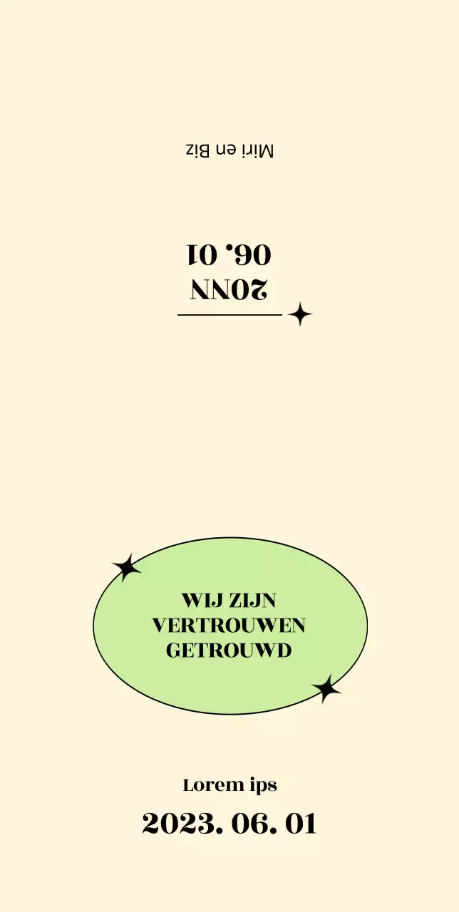 Huwelijksuitnodiging met een groene cirkel op een gele achtergrond