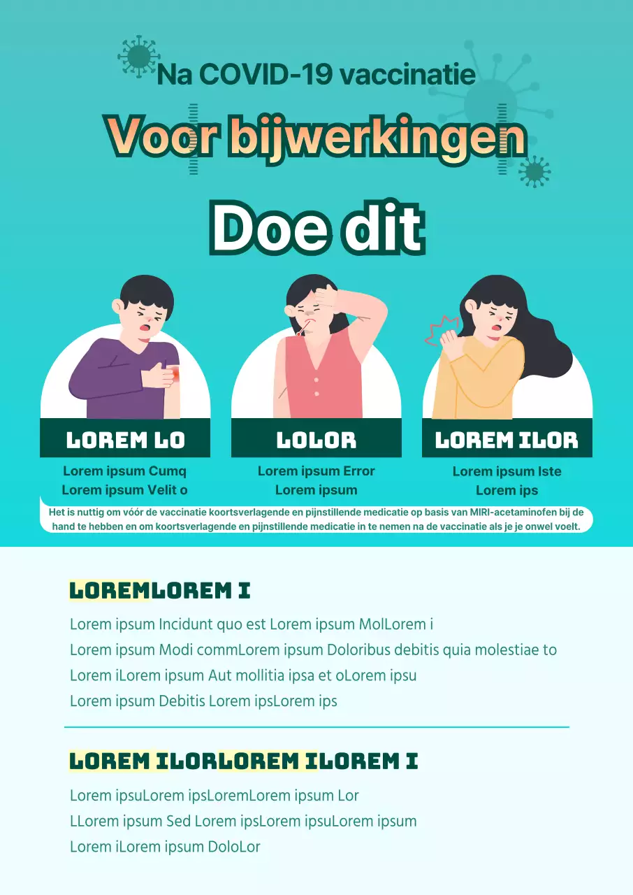 Geïllustreerde instructies voor bijwerkingen van vaccins met contrasterende blauwe achtergrond en rode tekst