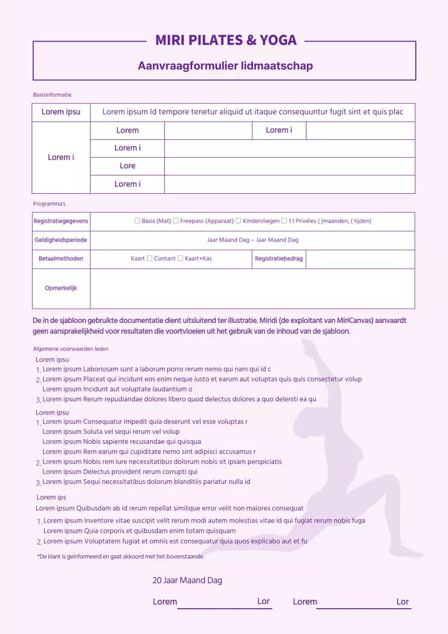 Mauve Pilates Yoga Lidmaatschap Aanvraagformulier Contract Workout Lessen Lidmaatschap Algemene Voorwaarden