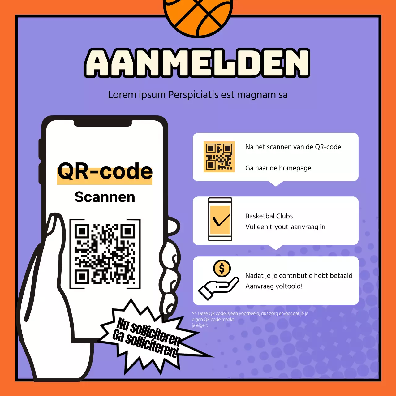 Werving voor een leuke, kitscherige, oranje, cartooneske basketbalclub