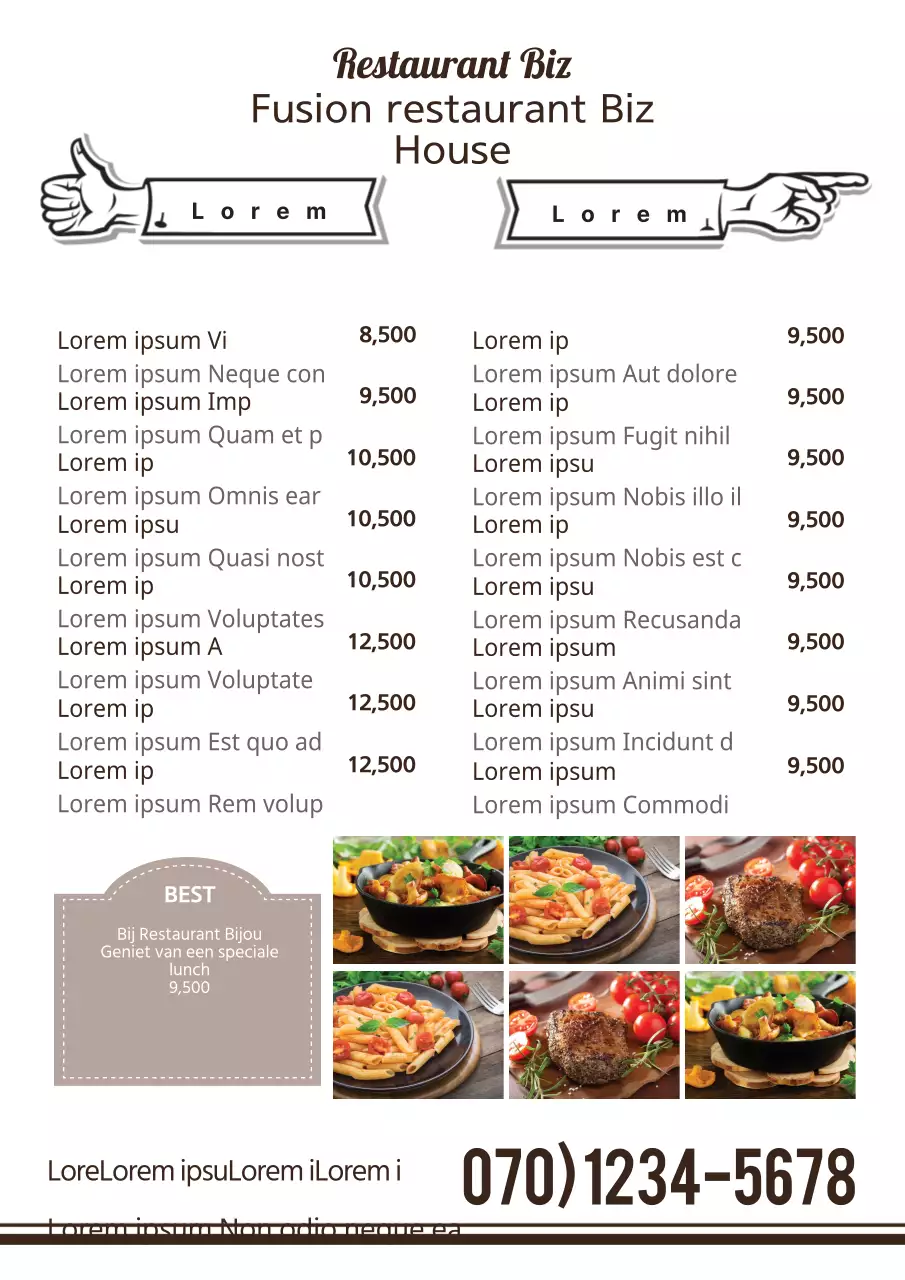 Restaurantmenu met zwarte foto's van gerechten en aparte lunch- en dinermenu's