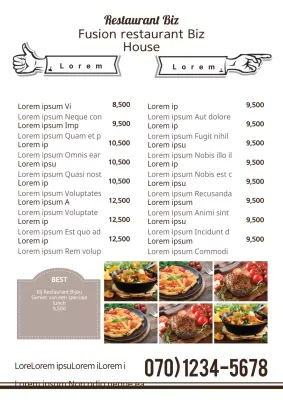 Restaurantmenu met zwarte foto's van gerechten en aparte lunch- en dinermenu's