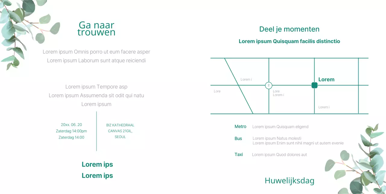 Een strakke huwelijksuitnodiging met een vleugje groen en boeketten