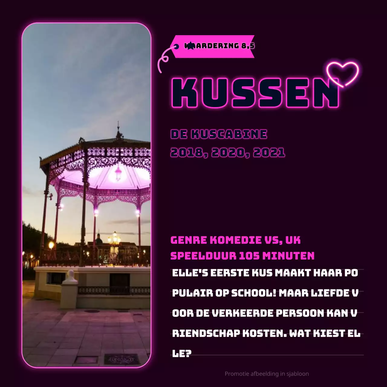 Filmaanbevelingen voor een late date night met een marineblauwe achtergrond en neonborden