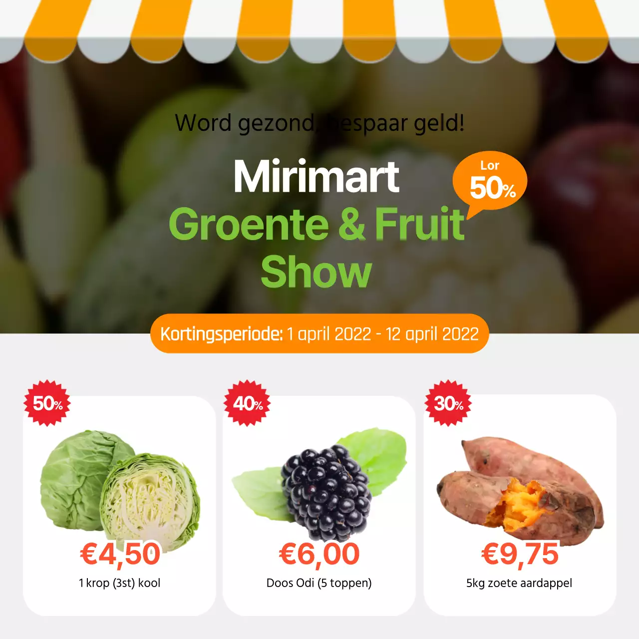 Seizoensfruit en -groenten van mei CardNews ontwerp in geel en groen