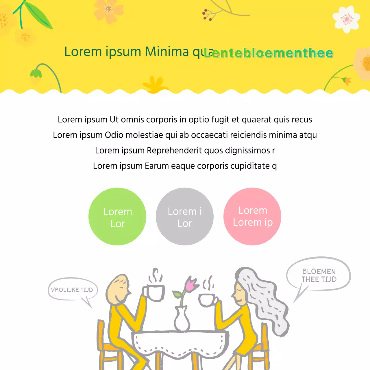 Frisse, gele illustraties geven informatie over lentebloemen.