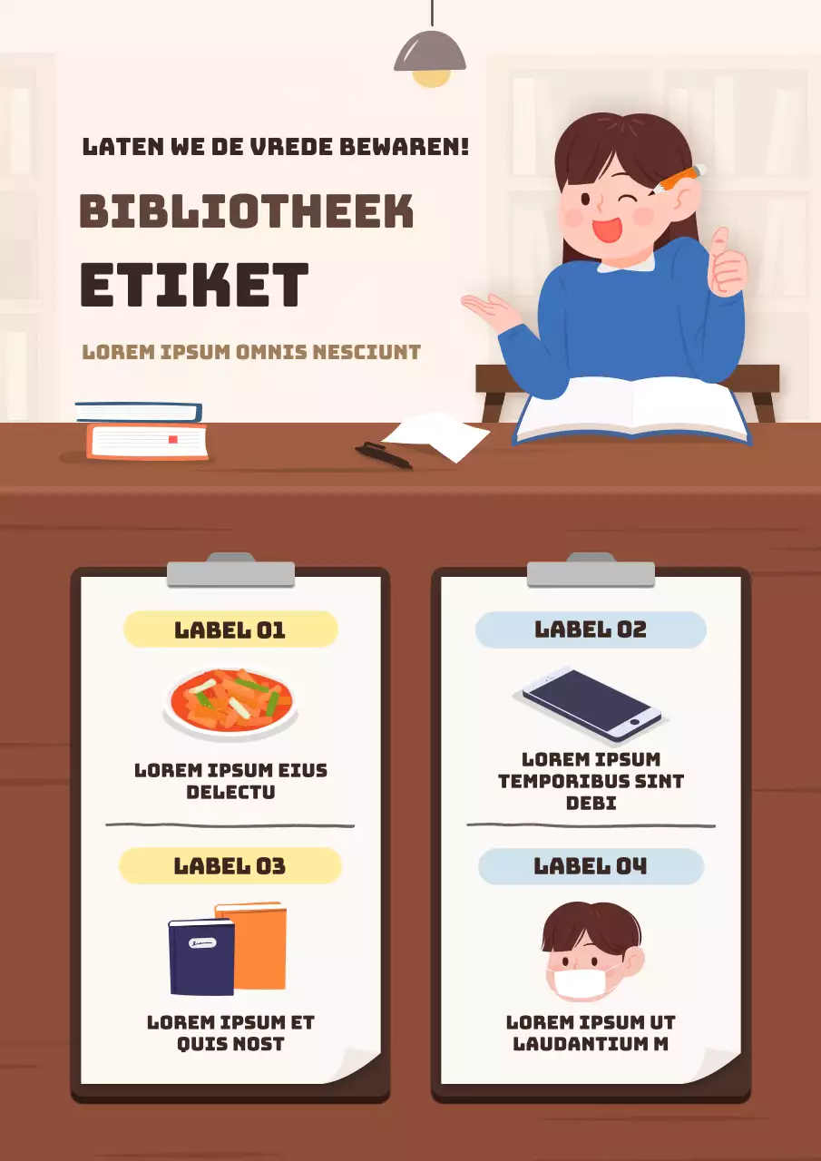 Bibliotheek etiquette met een bruin en schattig illustratie concept