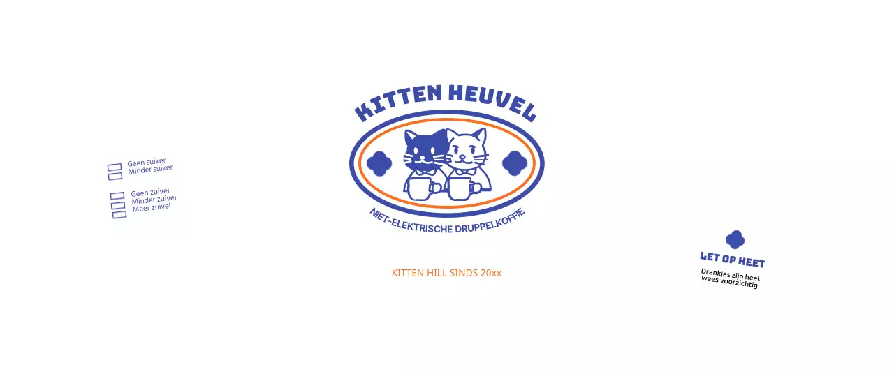 Promoot je café met een blauw-oranje kattenillustratie