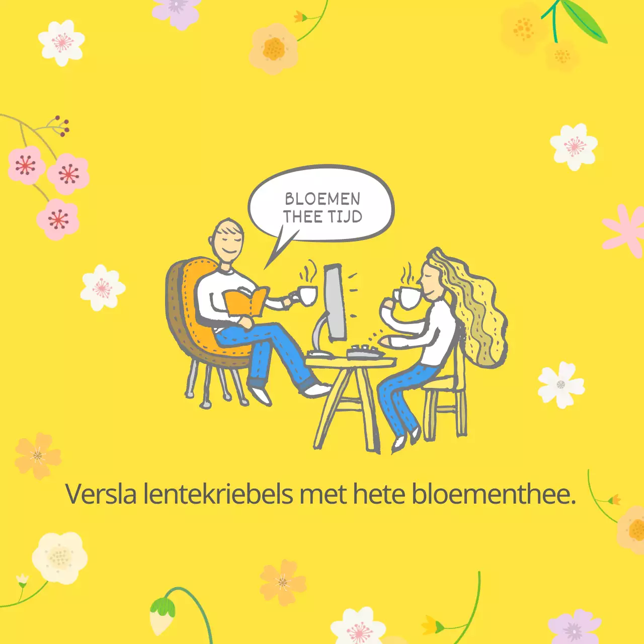 Frisse, gele illustraties geven informatie over lentebloemen.