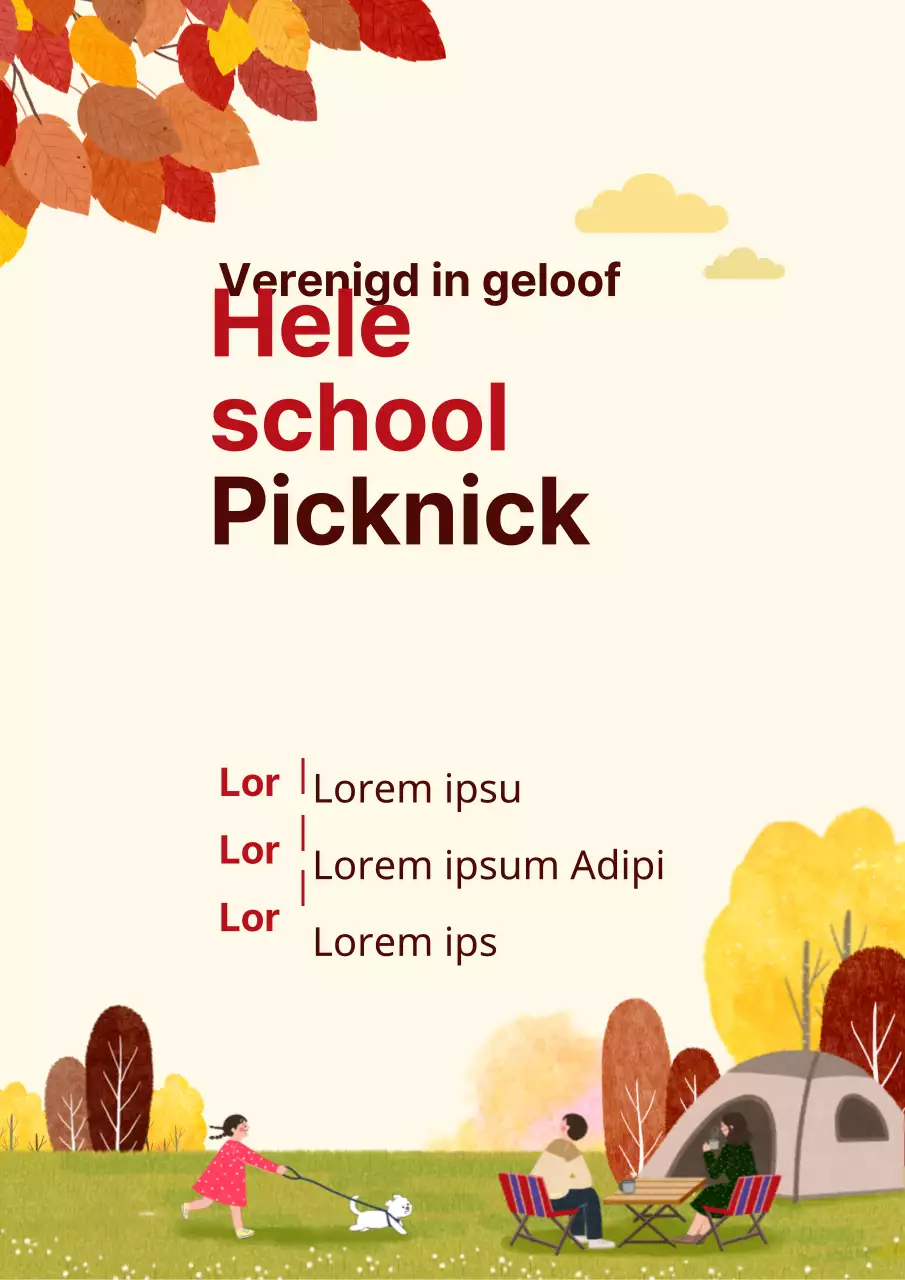 Promoot een kerkpicknick met een illustratie van een herfstcamping in geel.