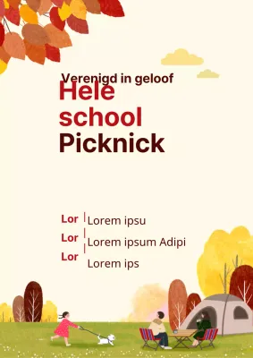 Promoot een kerkpicknick met een illustratie van een herfstcamping in geel.